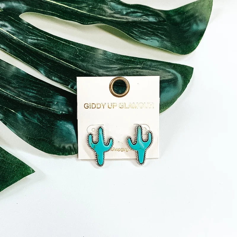 Personalized Drop Earrings-Desert Dreamin' Cactus Stud Earrings in Turquoise