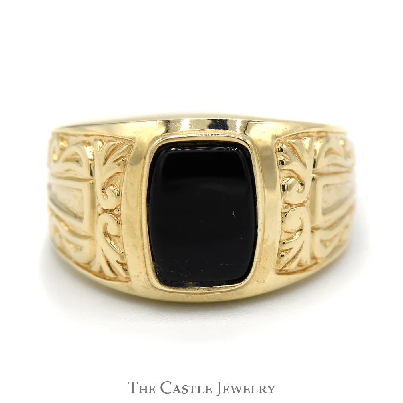 Classic Gemstone Engagement Rings-Men's Cushion Cut Black Onyx Ring with Scroll Designed 10k Yellow Gold Mounting