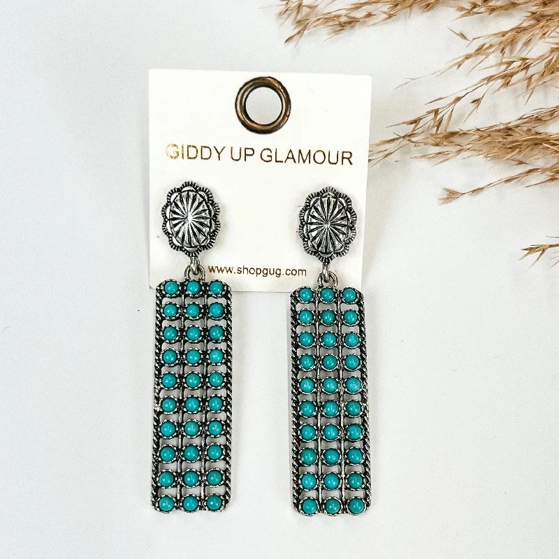 Geometric Gemstone Earrings-Silver Tone Concho Earrings with Western Turquoise Rectangle drop