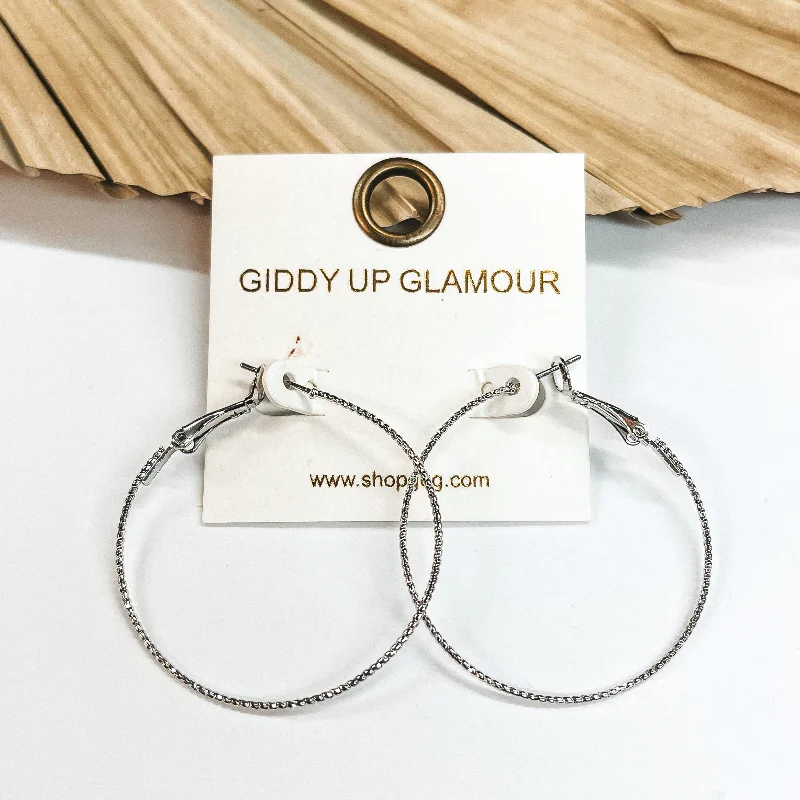 Trendy Crystal Hoop Earrings-1.5 Inch Thin Wired Rope Textured Hoop Earrings in Silver