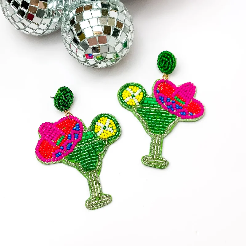 Handmade Gemstone Earrings-Cocktail Glass in Green with a Sombrero Hat Earrings