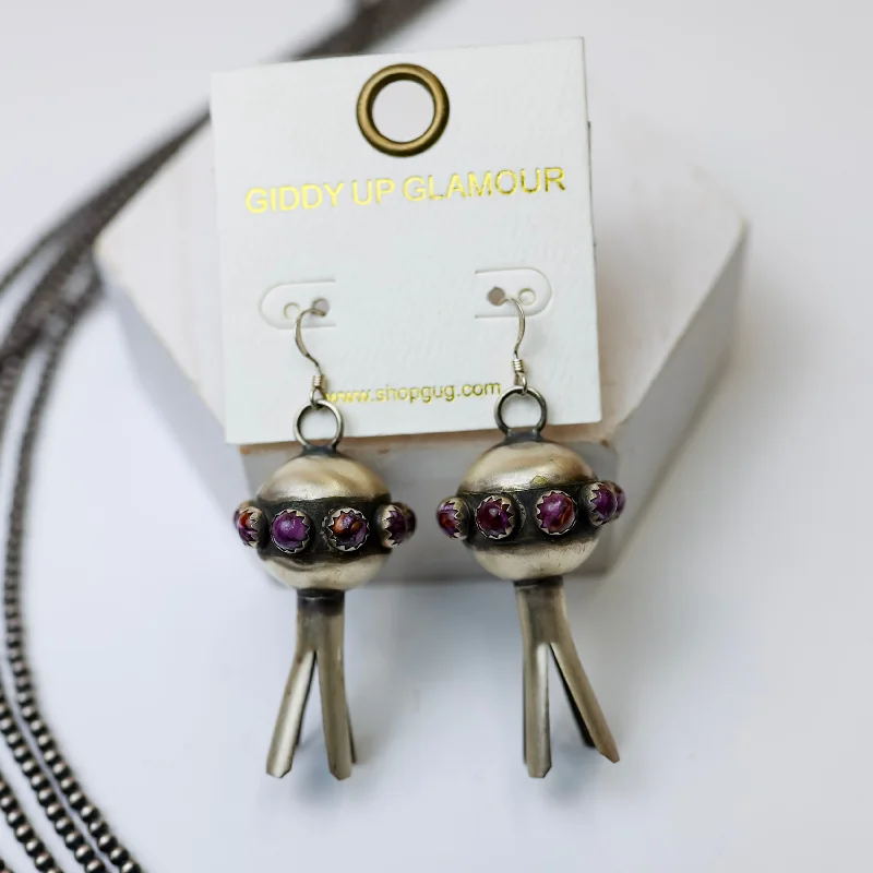 Custom Pearl Earrings-Monica Smith | Navajo Handmade Sterling Silver Blossom Earrings with Purple Spiny Oyster