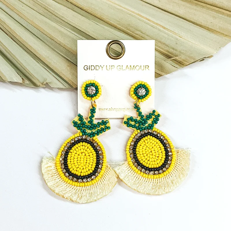 Simple Hoop Earrings for Women-Beaded Pineapple Earrings with Fringe in Yellow