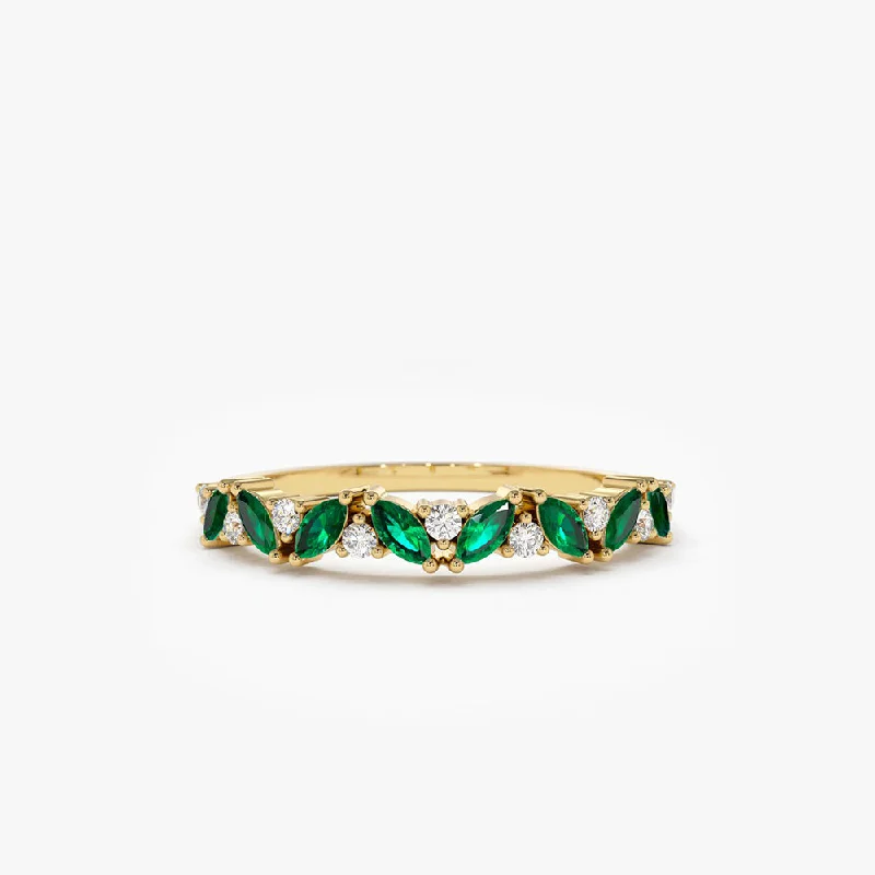 Simple Diamond Promise Rings-14k Slanted Emerald and Round Diamond Ring