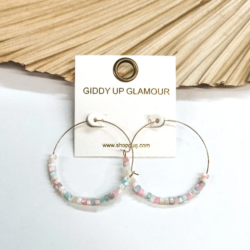 Classic Gemstone Drop Earrings-Beach Hustle Mother of Pearl Beaded Thin Gold Hoops in Multicolor