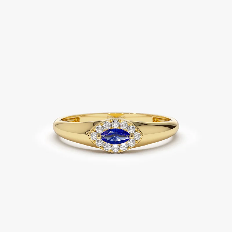 Custom Wedding Rings with Colored Stones-14k Marquise Sapphire Ring in Halo Setting