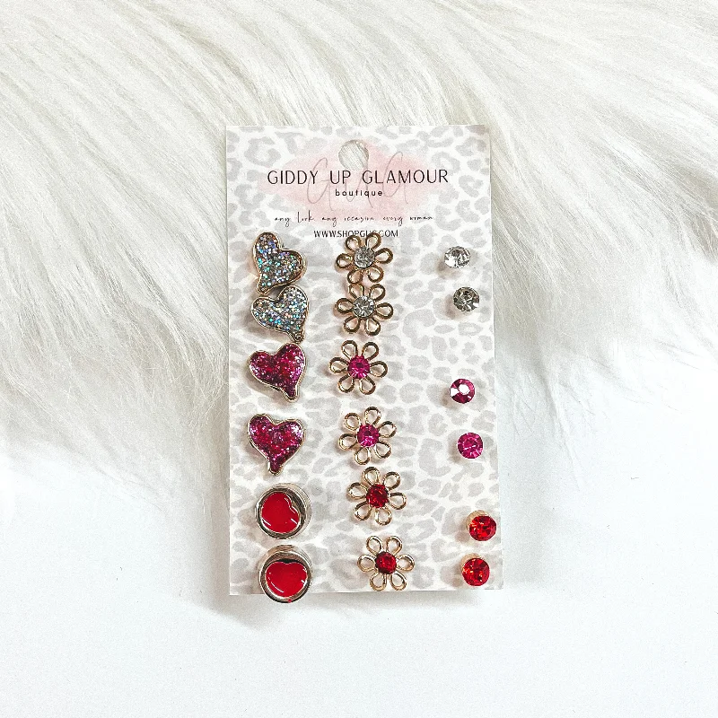 Bold Crystal Earrings-Buy 3 for $10 | Set of Nine | Heart and Flower Stud Earrings in Pink and Red Mix