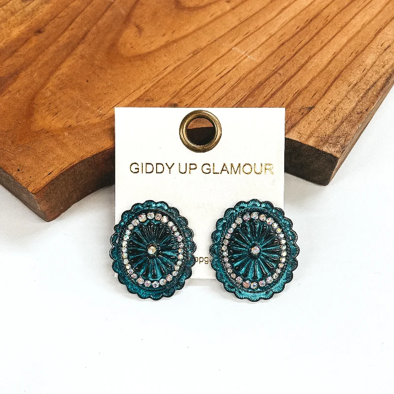 Simple Hoop Earrings for Women-Patina Concho Stud Earrings with AB Crystals