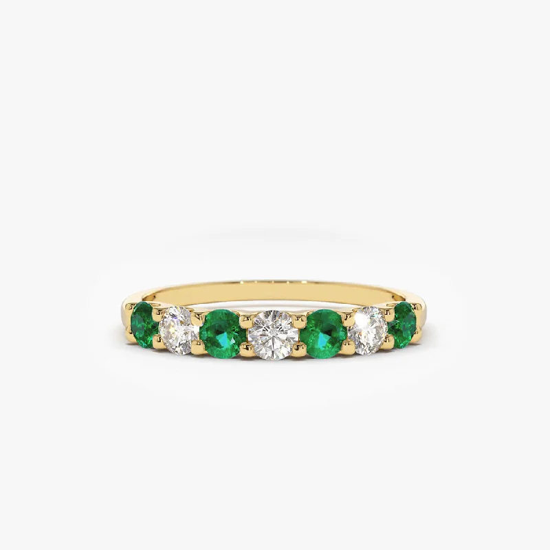 Designer Promise Rings for Women-14K Gold Alternating Emerald and Diamond Wedding Band