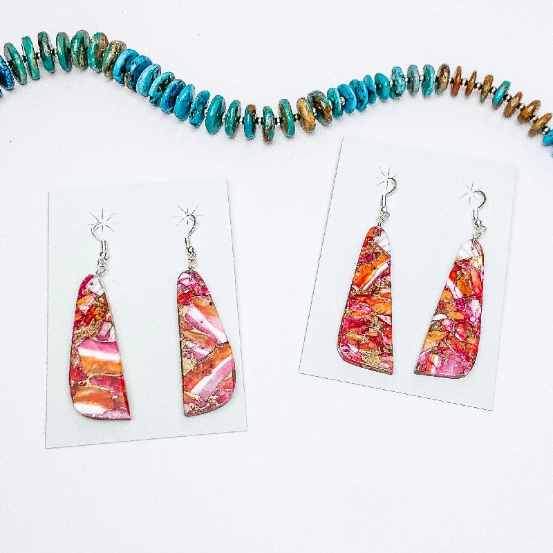 Colorful Crystal Earrings-Jamison Pete | Navajo Handmade Turquoise and Pink Dhalia Remix Long Trapezoidal Slab Earrings