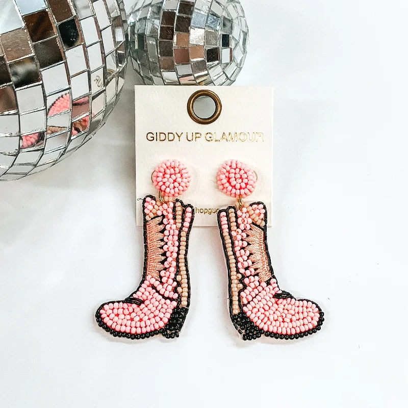 Simple Hoop Earrings for Women-Beaded Boot Post Back Earrings in Pink