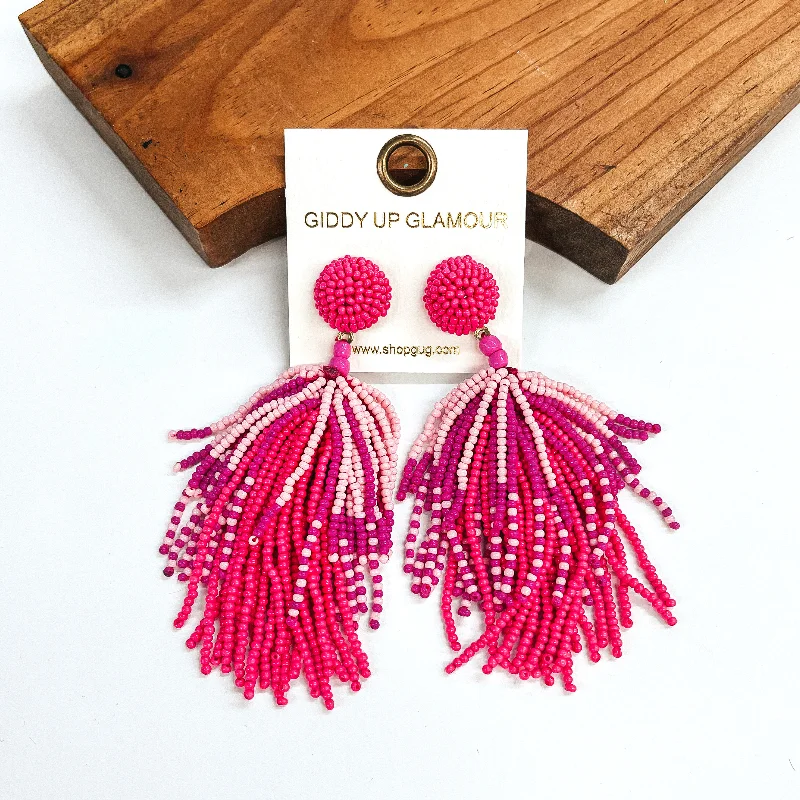 Large Gemstone Drop Earrings-Seed Bead Tassel Earrings In Fuchsia and Light Pink