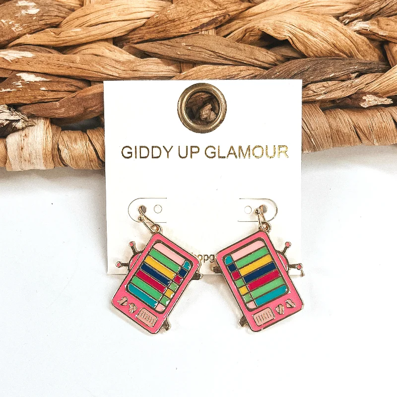 Gold Hoop Earrings-Retro Movie Nights Gold Tone Television Drop Earrings in Pink Mix