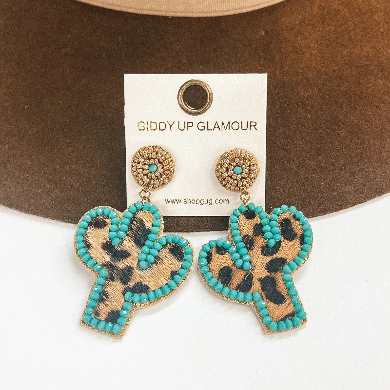 Classic Drop Earrings-Leopard Print Cactus Post Back Earrings with a Turquoise Beaded Outline