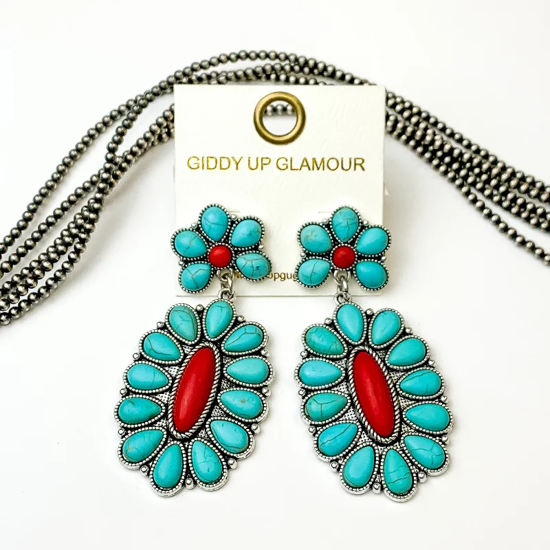 Unique Gold Earrings-Turquoise and Red Stone Oval Flower Earrings