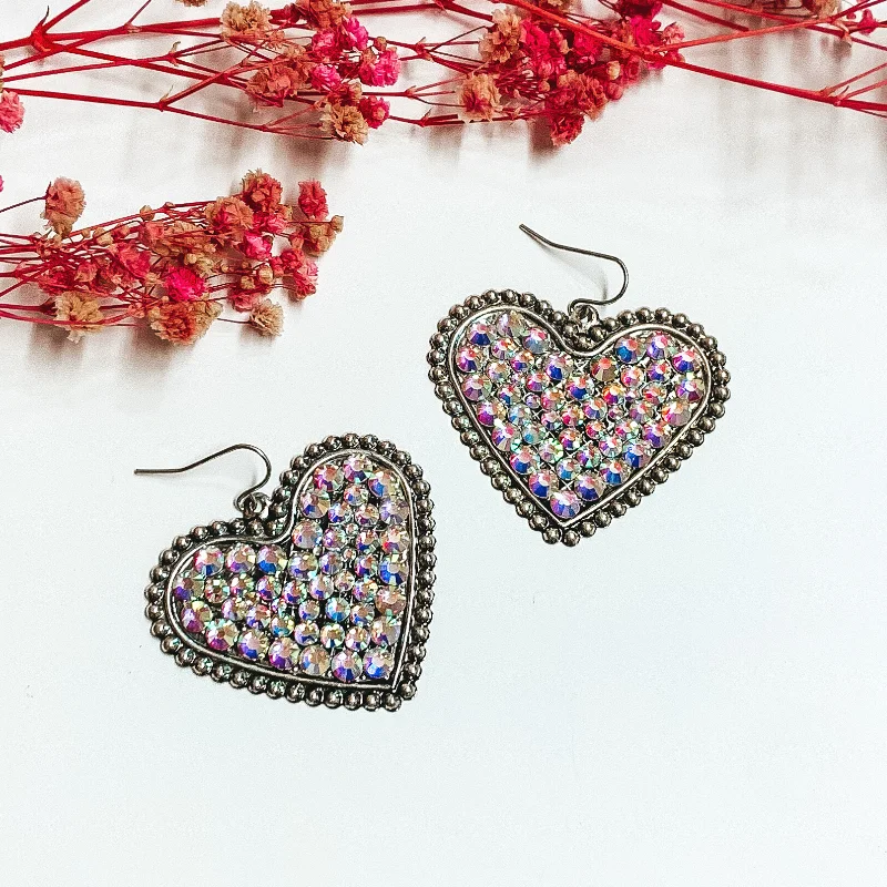 Geometric Gemstone Earrings for Women-Silver Tone Heart Earrings with AB Crystals