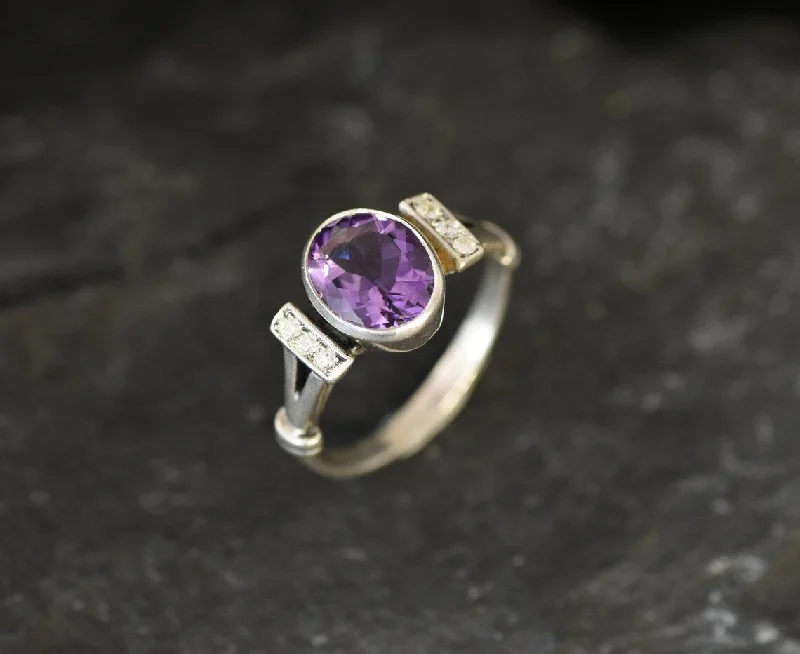 Designer Gold Wedding Rings-Real Amethyst Ring - Purple Engagement Ring - Vintage Oval Ring