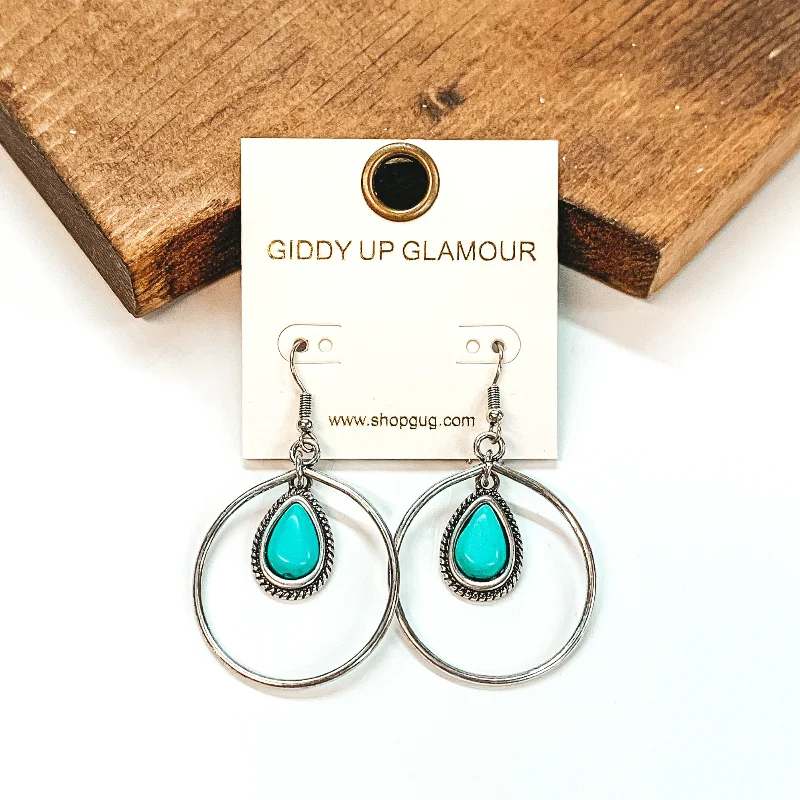 Trendy Gemstone Earrings for Women-Circle Drop Silver Earrings with Hanging Teardrop Pendant in Turquoise