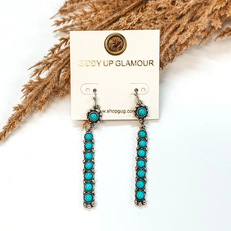 Trendy Drop Earrings-Silver Rectangle Bar Earrings in Turquoise