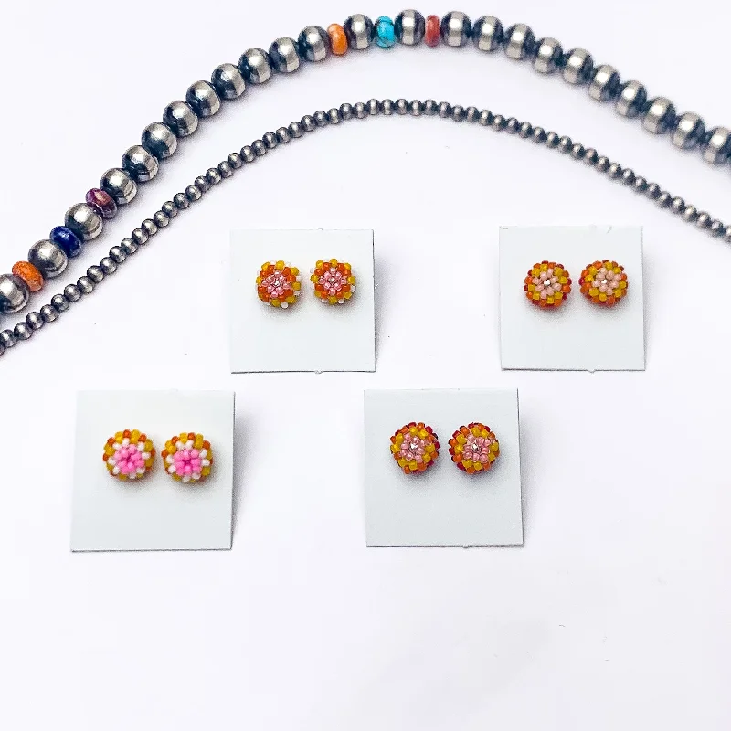 Elegant Gemstone Earrings-Navajo | Navajo Handmade Beaded Stud Earrings in Pink, Yellow, and Orange