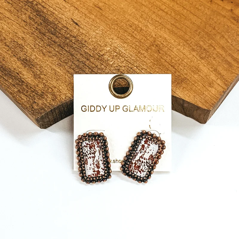 Trendy Drop Earrings for Women-Copper Tone Rectangle Earrings with Brown Cow Print Print Inlay