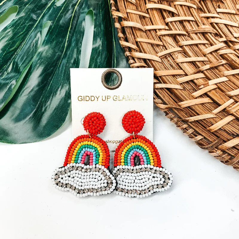 Designer Crystal Drop Earrings-Seed Beaded Rainbow Post Earrings