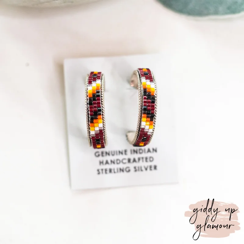 Trendy Gemstone Earrings-Navajo | Navajo Handmade Multi Colored Aztec Beaded Hoop Earrings in Maroon #4