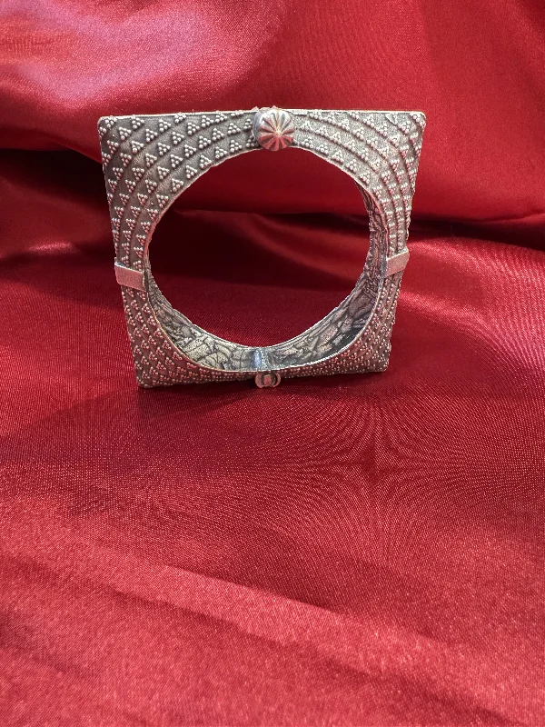 Women’s Handcrafted Bracelets-Attractive Tribal Oxidized Silver Ethnic Open Square Design Kada Cuff Bracelet