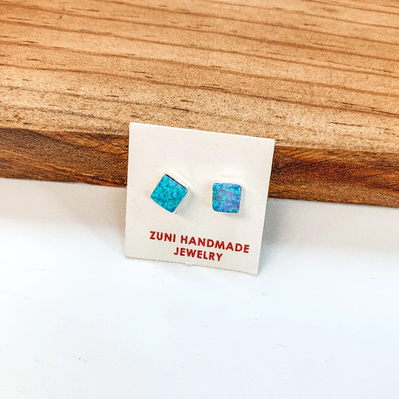 Personalized Drop Earrings for Women-Angie Rosetta | Zuni Handmade Sterling Silver and Blue Opal Square Stud Earrings