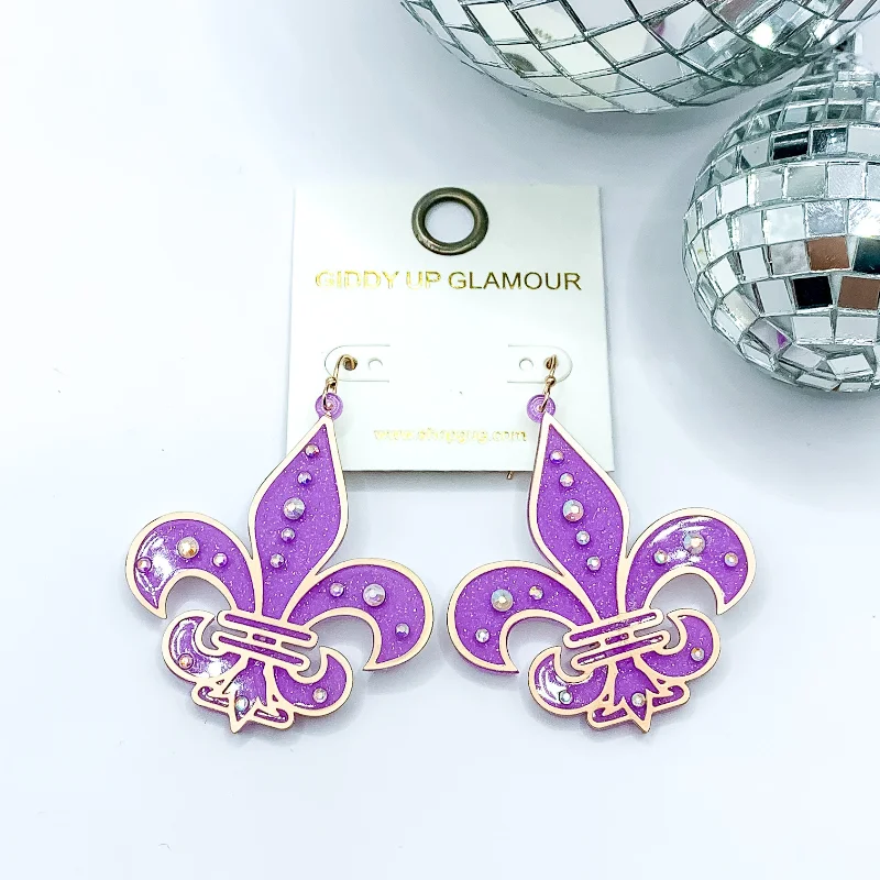 Simple Pearl Earrings-Glitter Fleur De Lis Earrings with AB Crystals in Purple