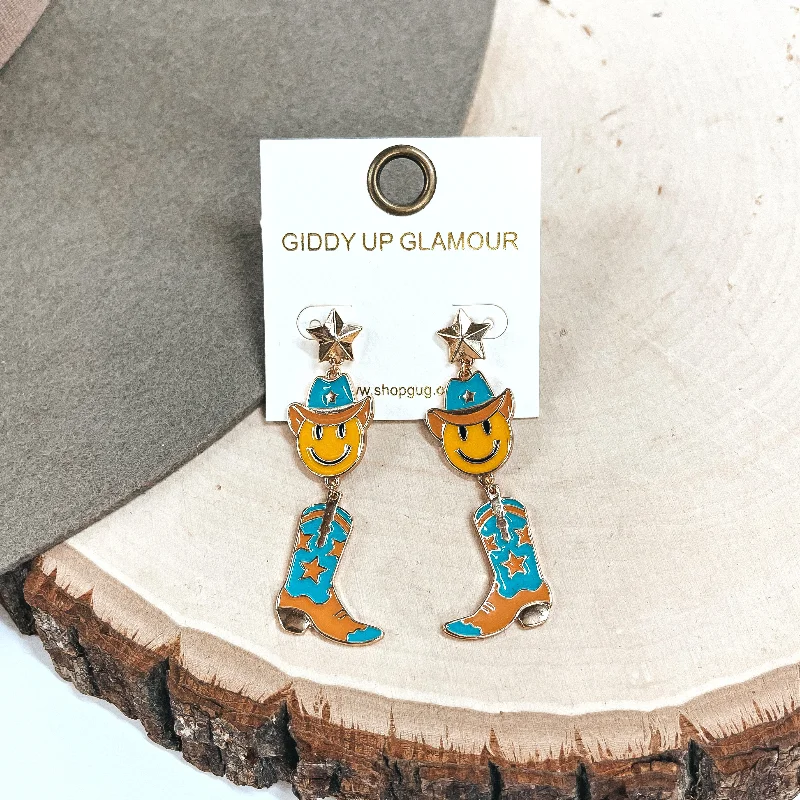 Stylish Drop Earrings for Women-On The Fly Gold Tone Star Post Earrings with Happy Face Cowboy and Boot Pendant Earrings in Turquoise