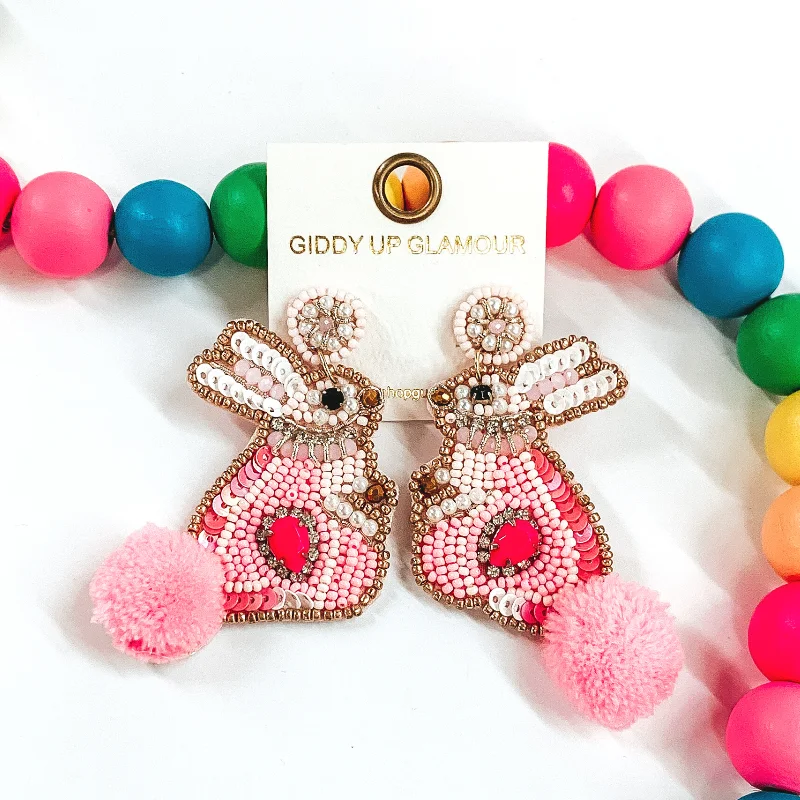 Personalized Silver Earrings for Women-Beaded Bunny Rabbit Earrings in Pink