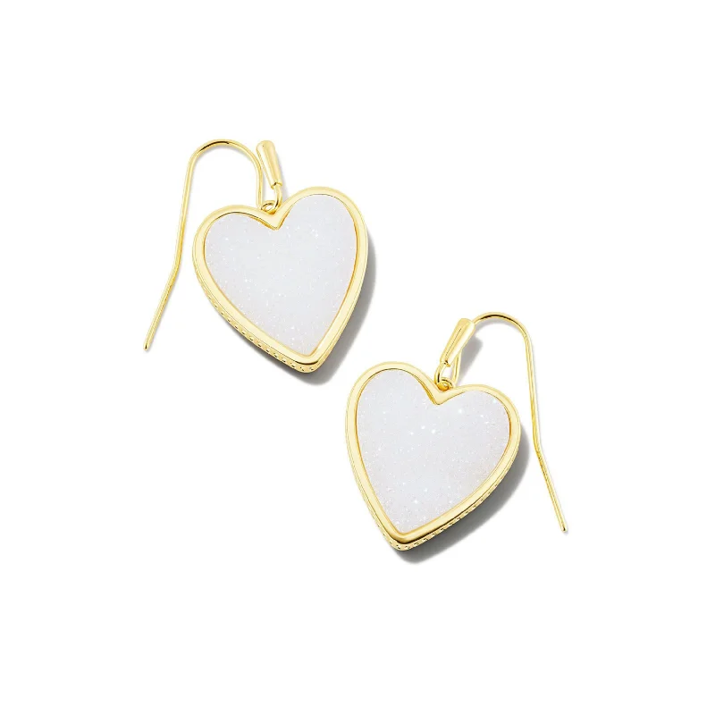 Sparkling Silver Earrings-Kendra Scott | Heart Gold Drop Earrings in Iridescent Drusy