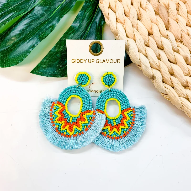 Elegant Gemstone Earrings-Coastal Confidence Seed Bead Circle Tassel Earrings In Turquoise