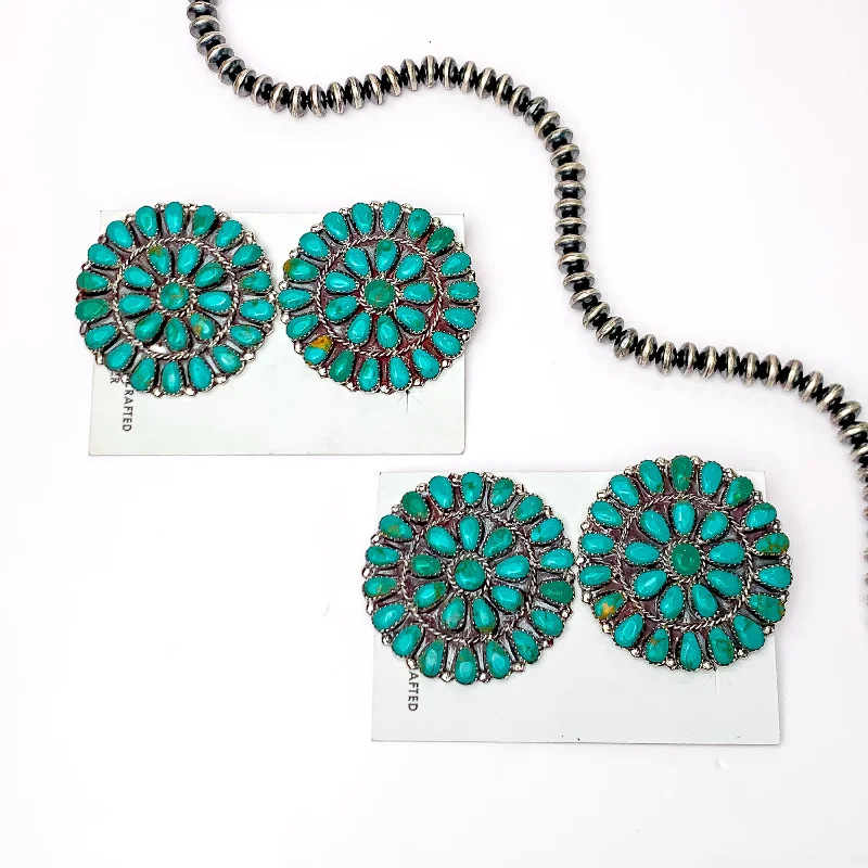 Elegant Gold Earrings-Danny L. Wauneka | Navajo Handmade Sterling Silver Post Earrings with Turquoise Cluster