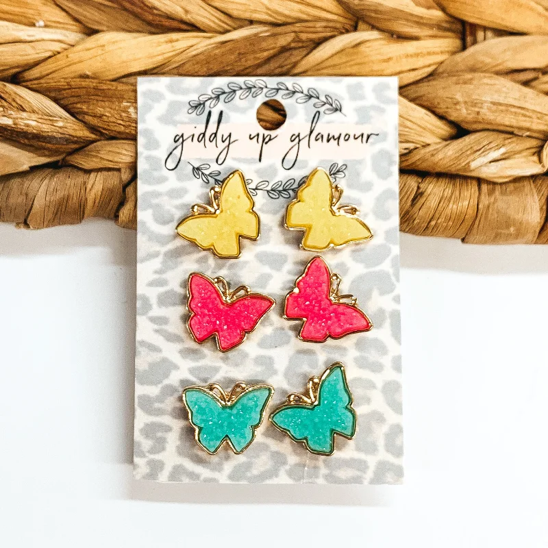 Silver Crystal Earrings-Multicolored Druzy Butterfly Earring Set