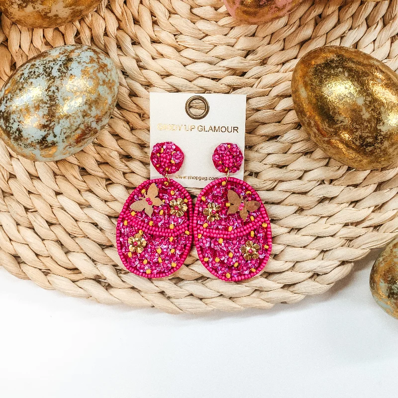 Custom Hoop Earrings for Women-Hoppy Easter Sequin Beaded Easter Egg Earrings in Fuchsia