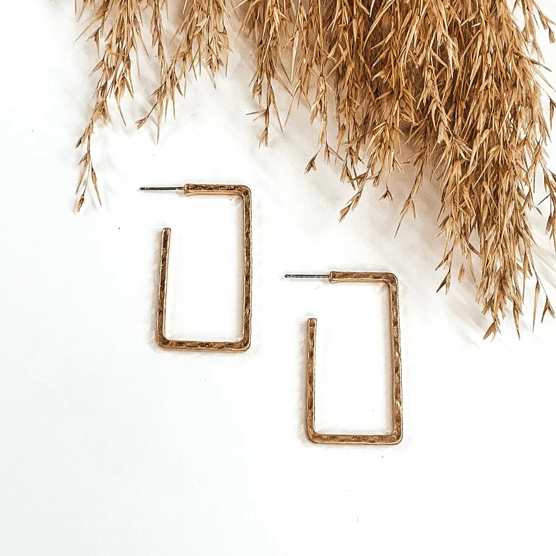 Luxury Pearl Earrings-Large Hammered Rectangle Hoops in Gold