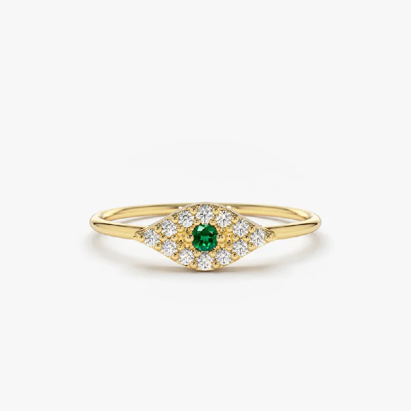 Unique Wedding Ring Sets-14K Diamond and Emerald Evil Eye Ring