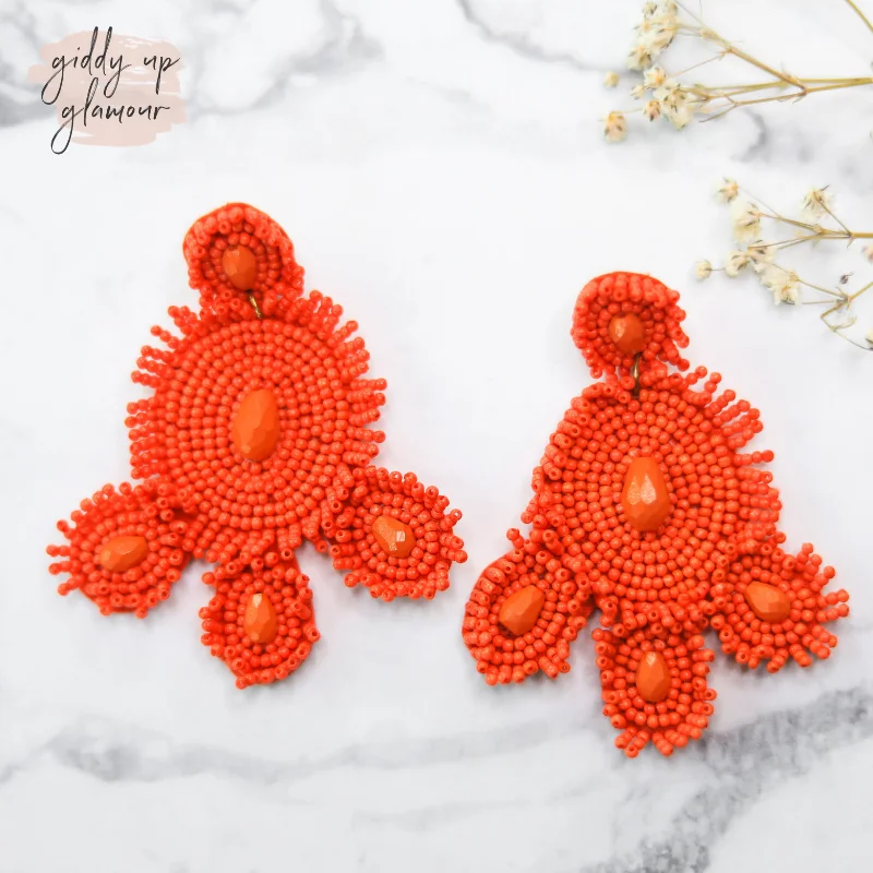 Modern Gemstone Earrings-Circular Beaded Statement Earrings in Coral Orange