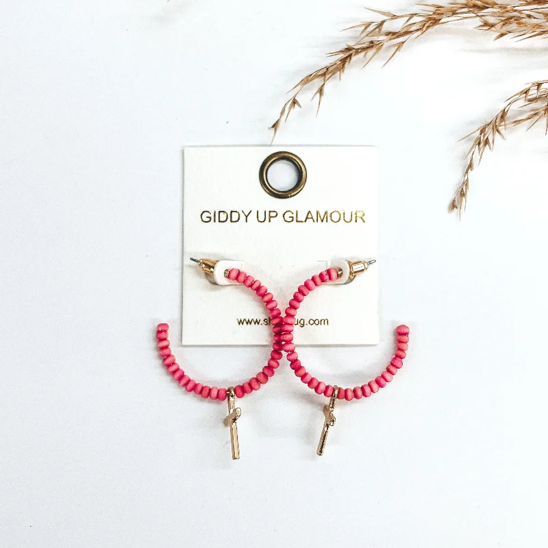 Classic Gemstone Earrings-Wood Beaded Hoops with Cross Pendant in Pink