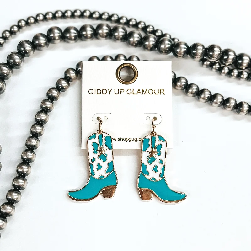 Unique Gold Earrings-Kick Your Boots Up Cow Print Boot Hanging Pendant Earrings in White and Turquoise