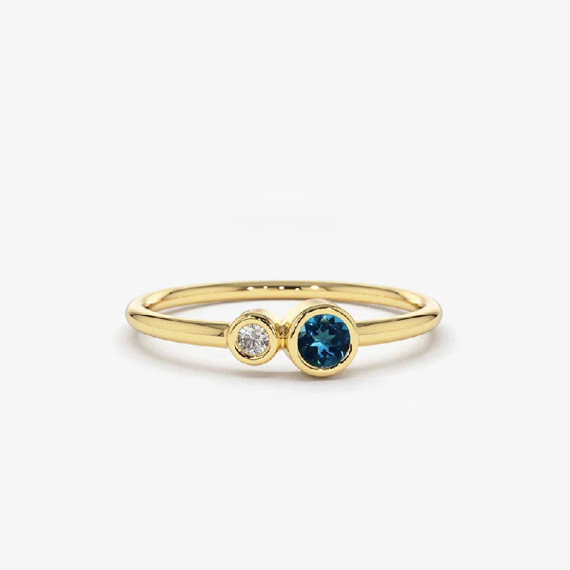 Women’s Vintage Wedding Bands-14K Gold Bezel Setting London Blue Topaz and Diamond Ring