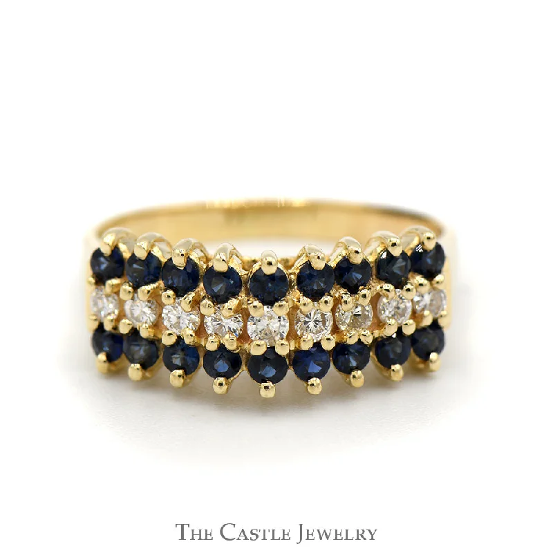 Vintage Diamond Engagement Ring Sets-Sapphire and Diamond Cluster Band in 14k Yellow Gold Cathedral Mount