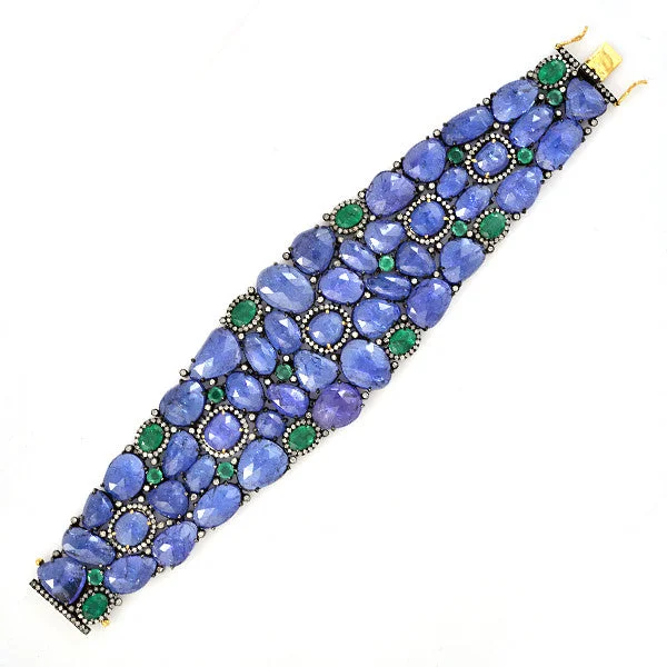 Personalized Birthstone Bracelets for Women-Tanzanite Cabochon & Emerald Mosaic Bracelet