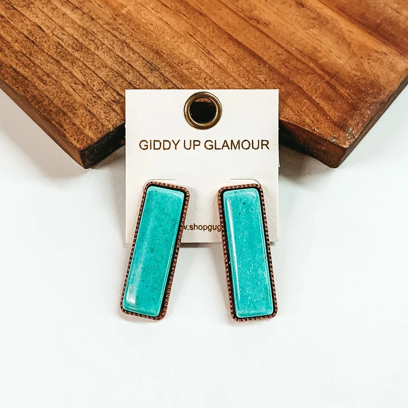 Luxury Gemstone Earrings-Large Rectangle Faux Stone Copper Tone Earrings in Turquoise