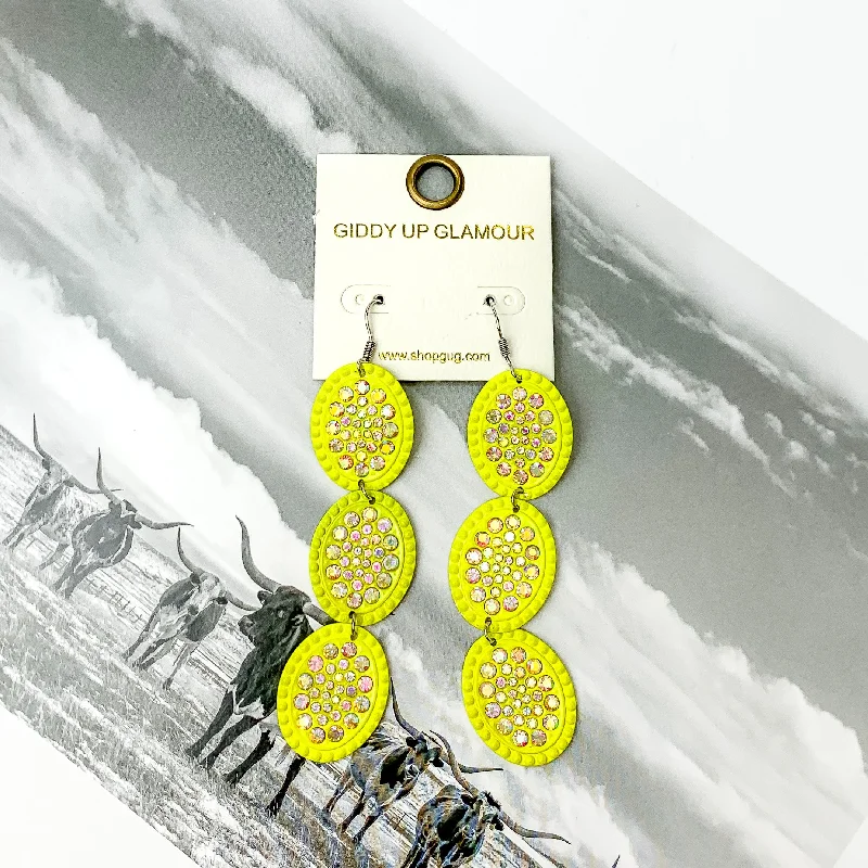 Handcrafted Drop Earrings for Women-Three Tier Neon Yellow with AB Crystal Oval Dangle Earrings