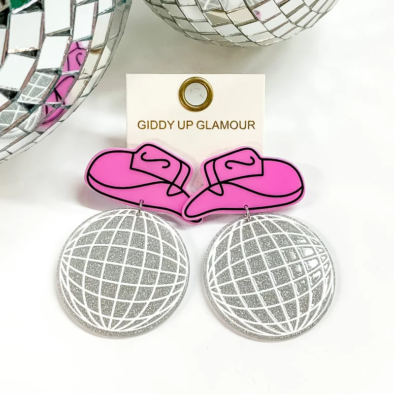 Large Hoop Drop Earrings-Pink Cowboy Hat Earrings with Glitter Disco Ball