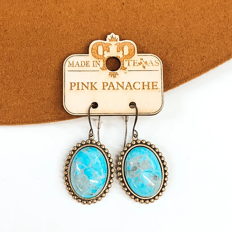 Custom Gold Drop Earrings-Pink Panache | Bronze French Wire Earrings with Small Hanging Oval Turquoise Cabochon