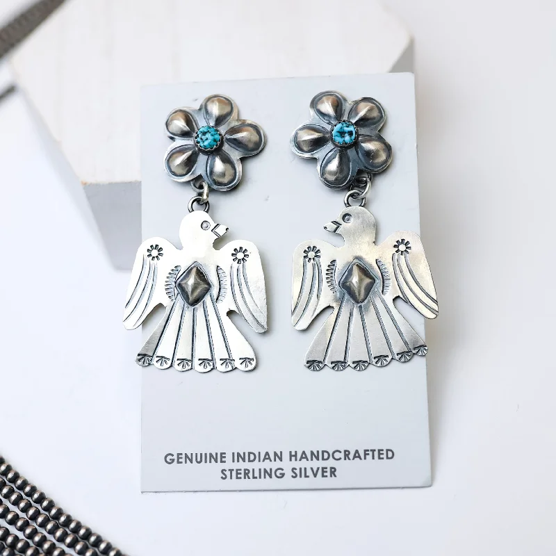 Sparkling Crystal Earrings for Women-Tim Yazzie | Navajo Handmade Sterling Silver Flower Post Thunderbird Drop Earrings with Turquoise Stones